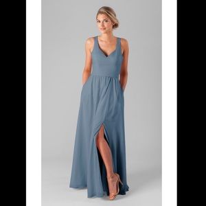 Slate blue gown with side slit and POCKETS!